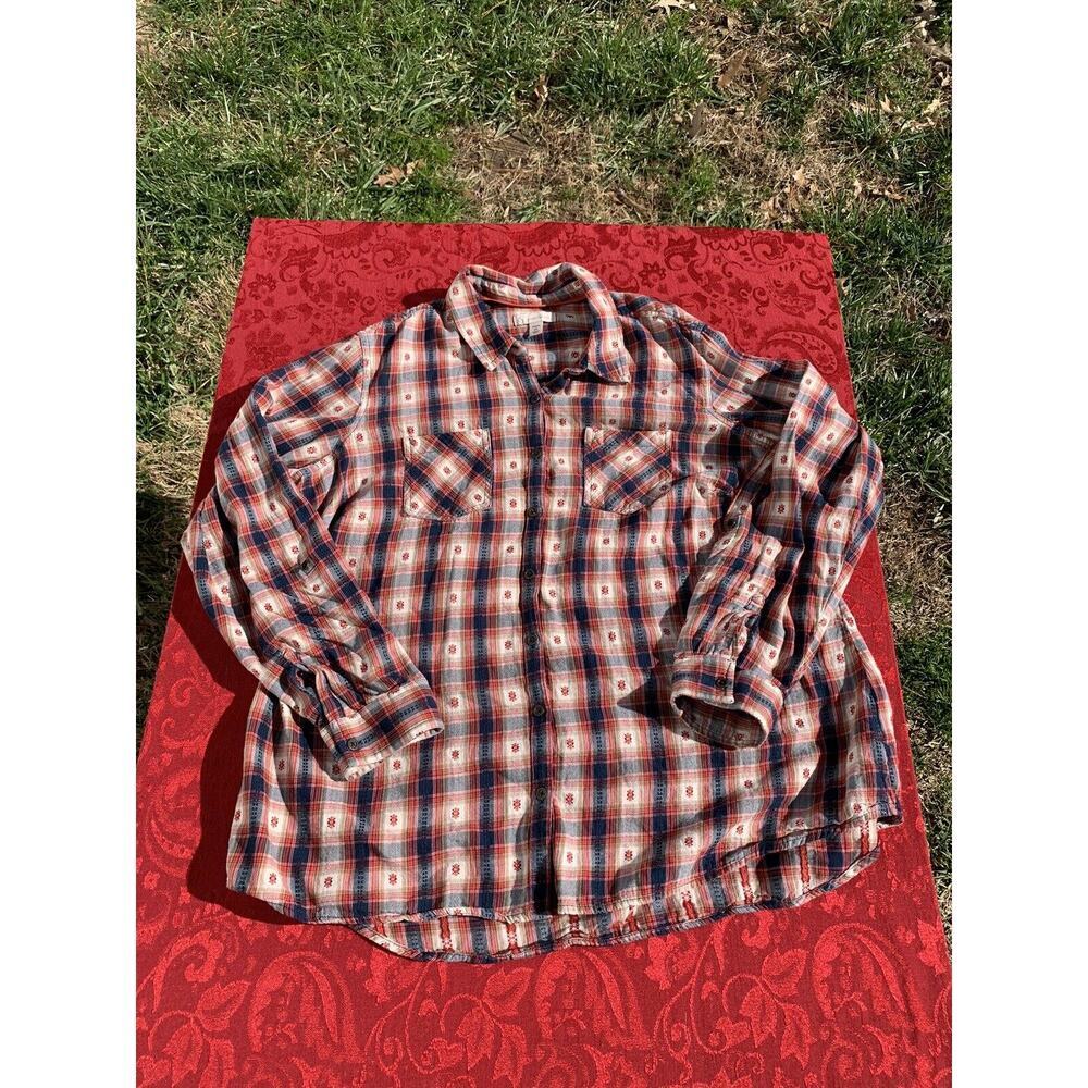 cb Women's Button-Up Shirt Size 2X Blue Red Multicolor Plaid Long-Sleeves Cotton